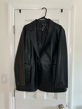 Classic Black Faux Leather Blazer Jacket